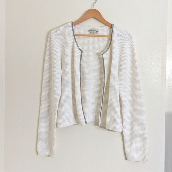 Coco & Claire Cotton Blend Chic White Popcorn Knit Sweater Silver Metal Trim L - Picture 1 of 6